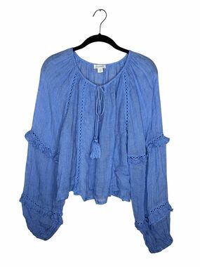 SUNDANCE / 100% linen v-neck ruffle crochet gauze peasant blouse / S